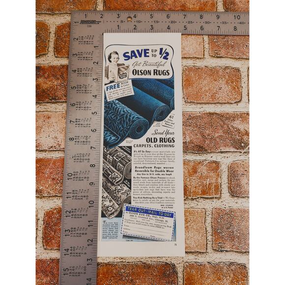 1942 Olson Rugs Ad - Reworked from Old Carpets - Vintage Home Decor Print Advert - Picture 4 of 5